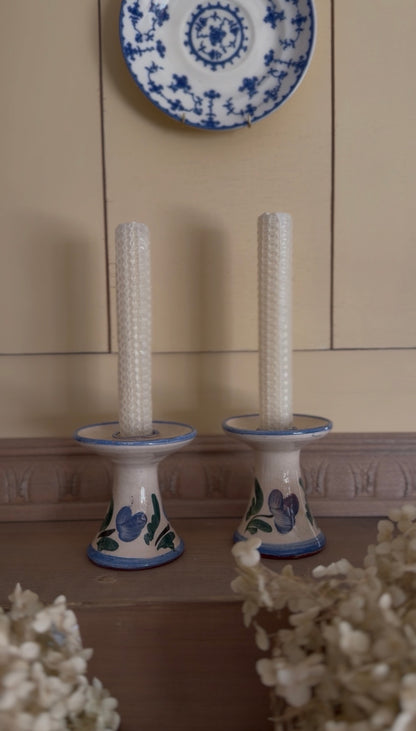 Hand-Painted Blue Floral Pottery Candle Holders - set of 2 (candles not included)