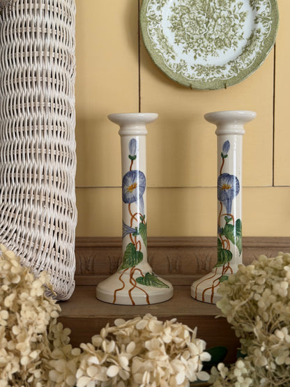 Hand-painted Morning Glory Ceramic Candle Holders made in Italy