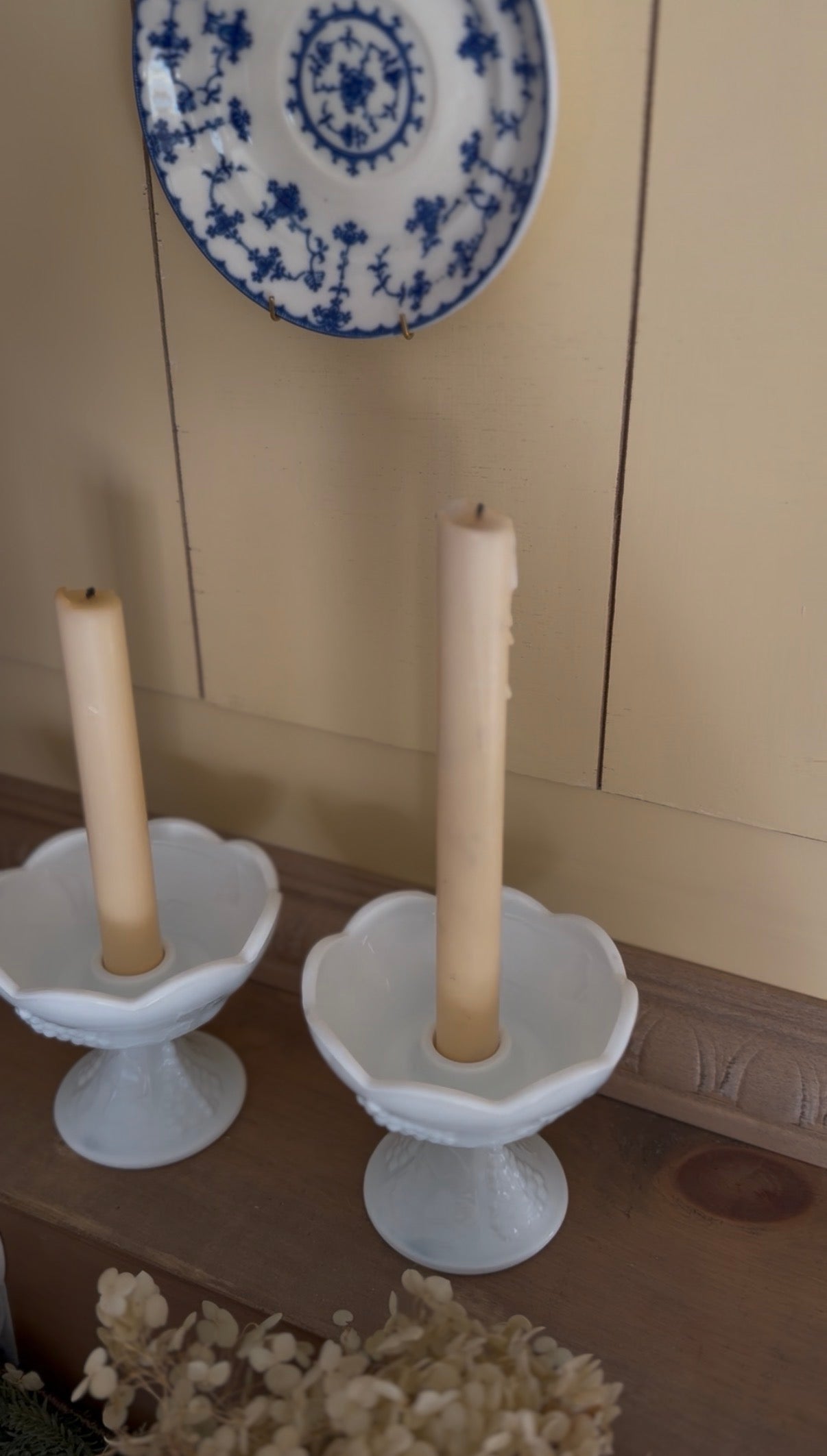 Milk Glass Scalloped Candle Holders with Grape Motif - Set of 2 (candles not included)