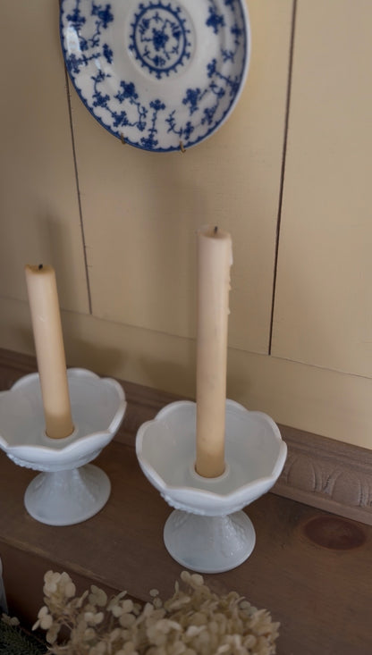 Milk Glass Scalloped Candle Holders with Grape Motif - Set of 2 (candles not included)