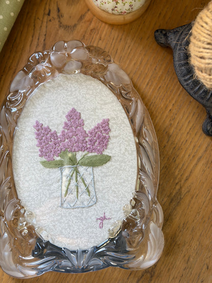 Large Vase of Lilacs Embroidery Art in a Vintage Glass Frame