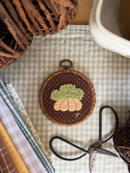 Pumpkin filled with Hydrangeas on Brown Fabric Embroidery Magnet