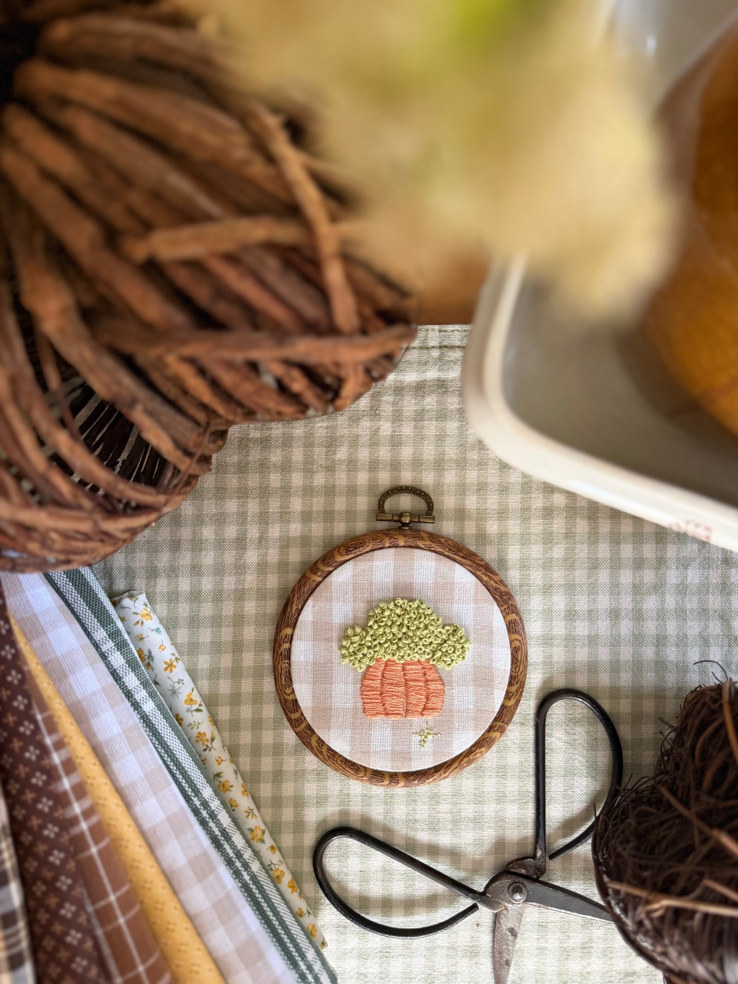 Pumpkin filled with Hydrangeas on Gingham Fabric Embroidery Magnet