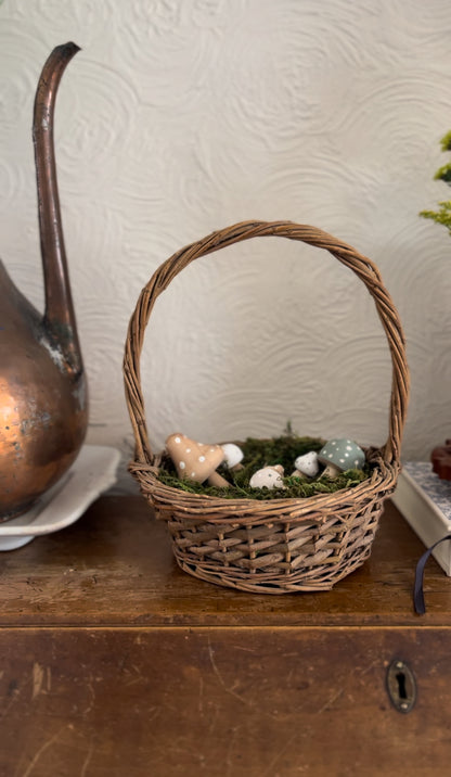 Basket with Wooden, Painted Mushrooms and Moss