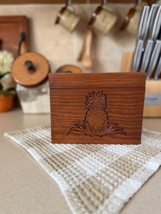 Wooden Recipe Card Box with Pineapple Carving