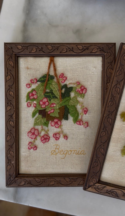 Embroidered Hanging Baskets in Handmade Wooden Frames