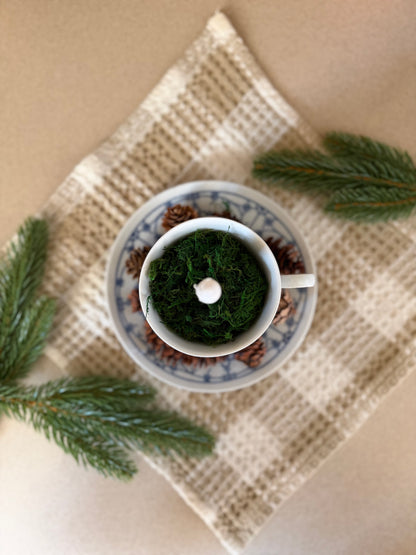 Baruether Indischblau Moss Candle Teacup and Saucer with Pinecones (6 available)