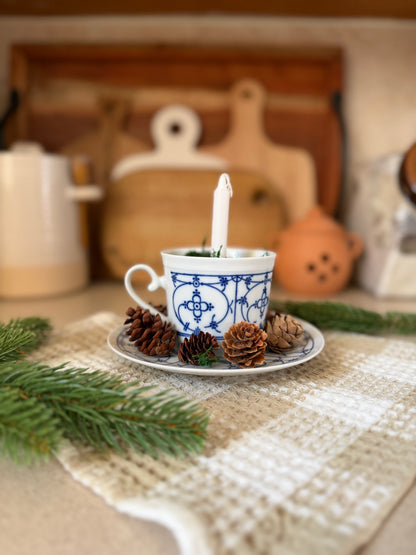 Baruether Indischblau Moss Candle Teacup and Saucer with Pinecones (6 available)
