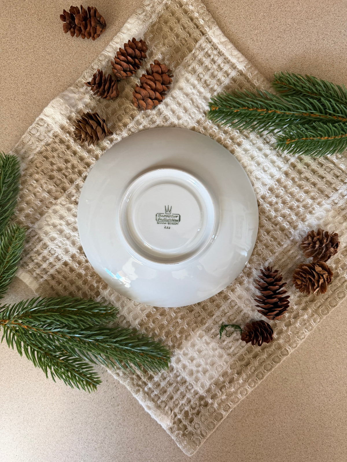 Baruether Indischblau Moss Candle Teacup and Saucer with Pinecones (6 available)