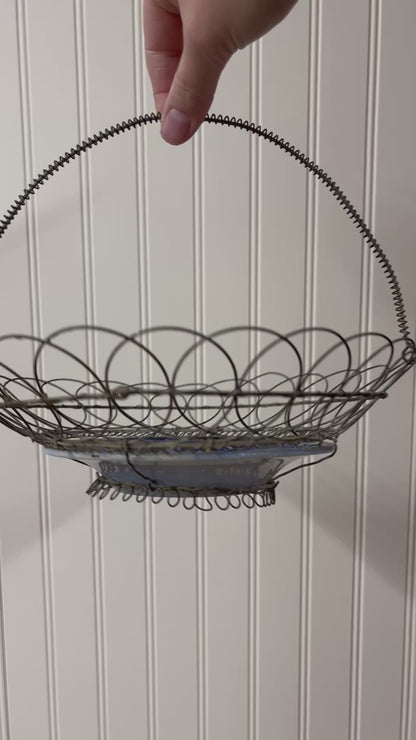 Antique French Wire Basket with Flow Blue Opaque Sarreguemines Plate